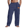 thumbnail image 3 of Mens Loose Fit Linen Pants - Summer Lightweight Elastic Drawstring Waist Casual Cargo Trousers with Pockets Blue M, 3 of 4