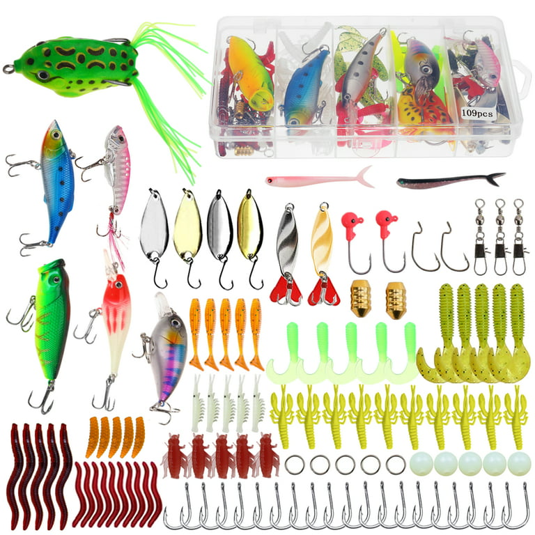 Fishing Lure Set Including Frog Lures Soft Fishing Lure Hard Metal Lure VIB  Rattle Crank Popper Minnow Pencil Metal Jig Hook for Trout Bass Salmon with  Free Tackle Box 