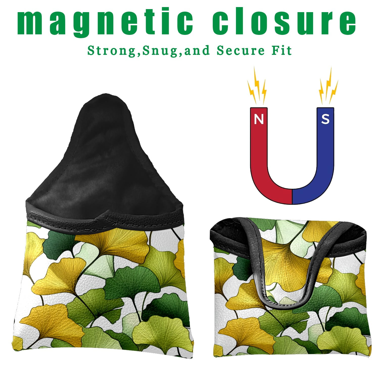 Golf Mallet Putter Cover Premium Leather Waterproof Golf Putter Head Cover with Magnetic Closure Yellow Green Ginkgo Leaves