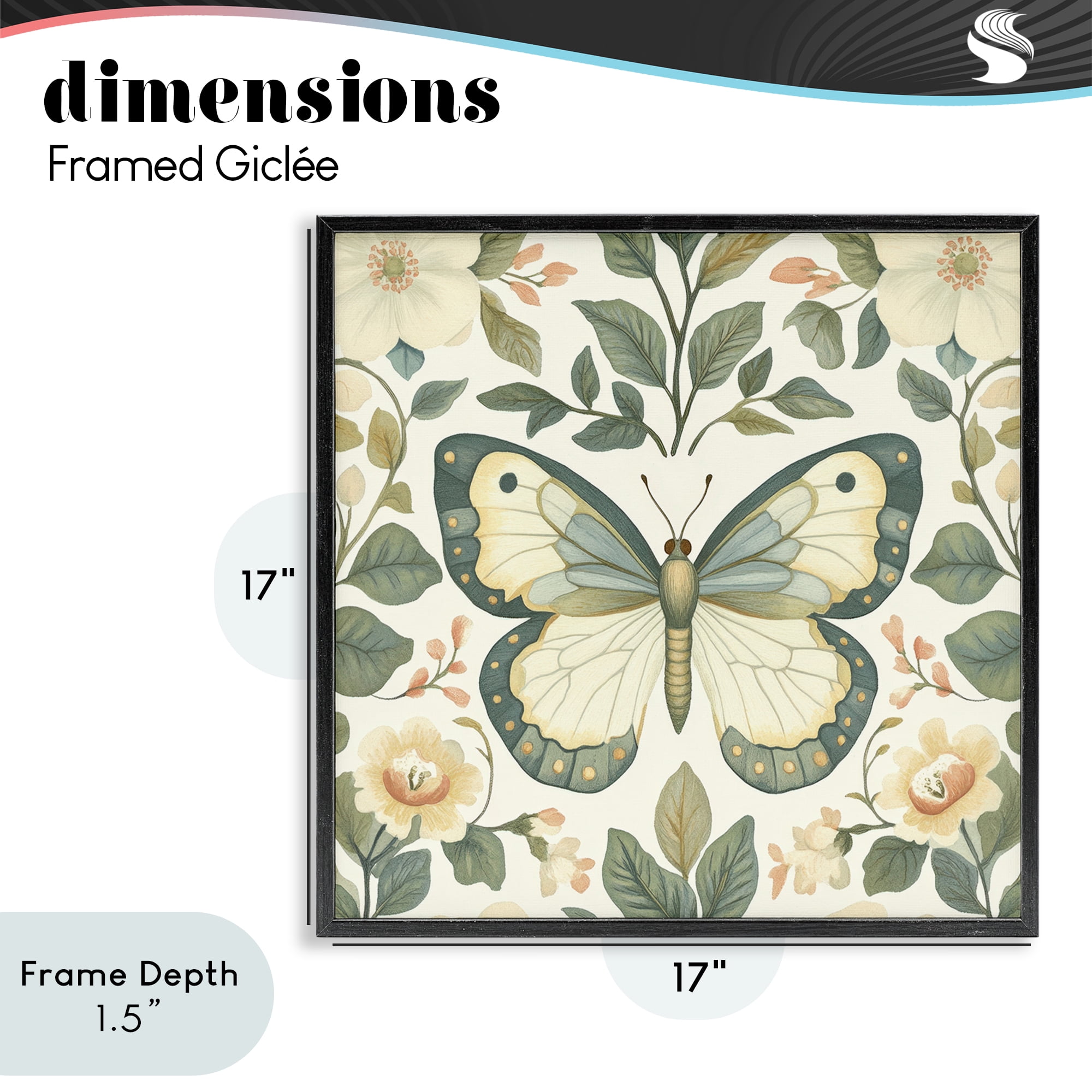 Stupell Industries Sage Butterfly and Florals Black Framed Giclee Art, design by Petal Prints Design