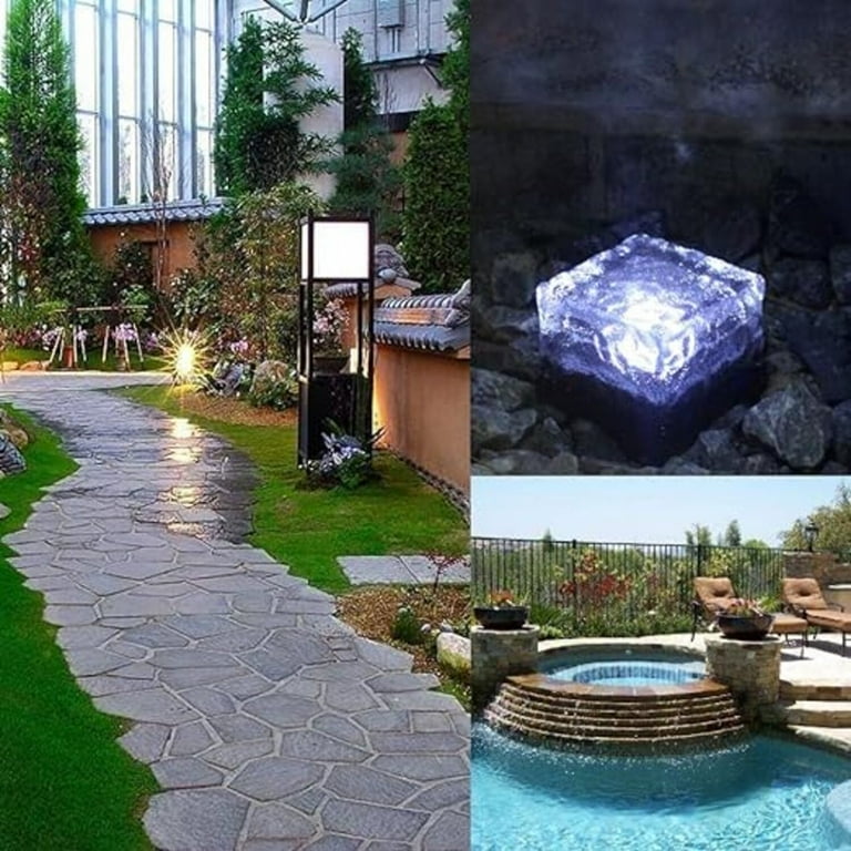 Solar Glass Brick Lights - 4-Pack Blue LED Landscape Path Lights IP68 Waterproof