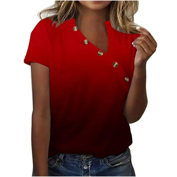Mode Femmes Été T-Shirt à Manches Courtes Col en V Uni, Blouse Boutonnée Décontractée pour Usage Quotidien, Haut en Coton Confortable, Chemise Femme Polyvalente Couleur Unie, Légère et Respirante