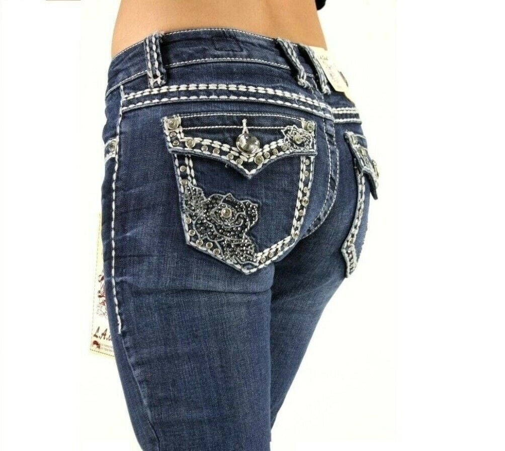 Jack David Rhinestone Studs Dark Wash Denim Flap Pocket Bootcut Jeans