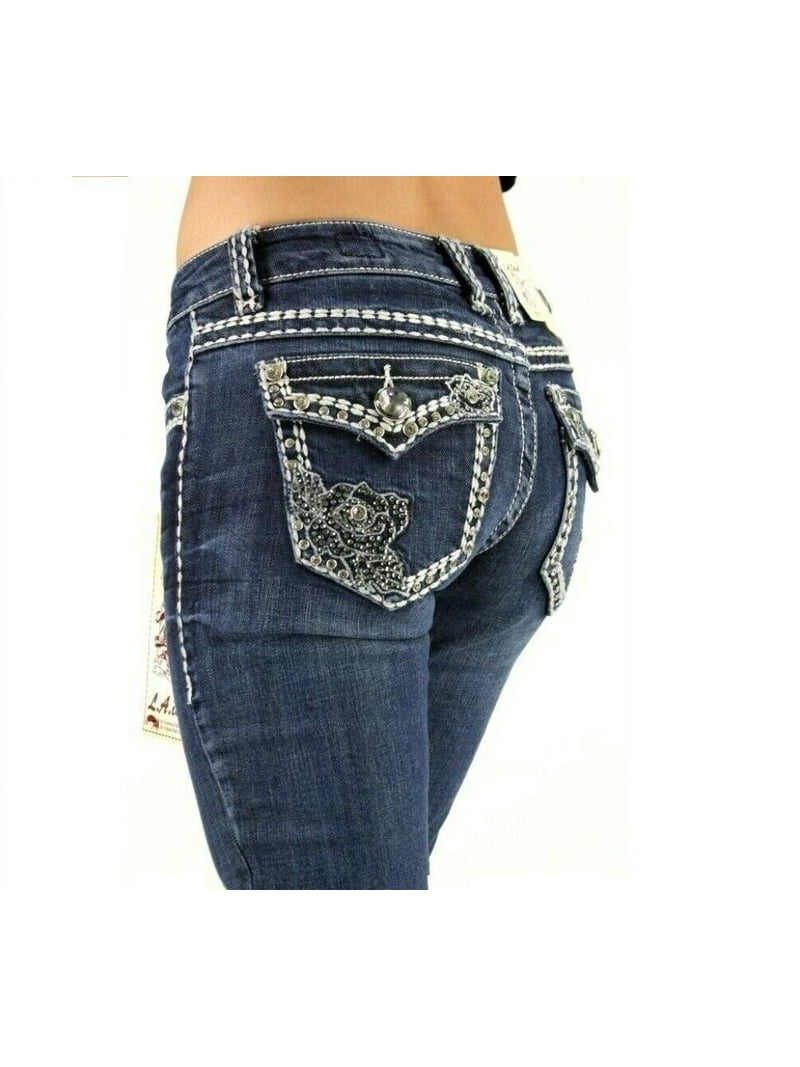 Jack David Rhinestone Studs Dark Wash Denim Flap Pocket