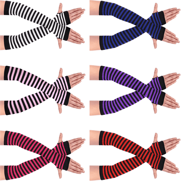 6 Pairs Striped Arm Warmers Fingerless Gloves for Women, Knit Gloves Long Wrist Warmers Autumn Winter Accessories for Women