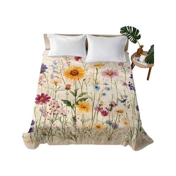 Botanical Floral Flat Sheets Only Queen Size, Soft Breathable Bed Top Sheets for Mattress, Retro Purple Pink Yellow Wildflowers Luxury Bedding Flat Sheets for Home Hotel Bedroom Bed Protection
