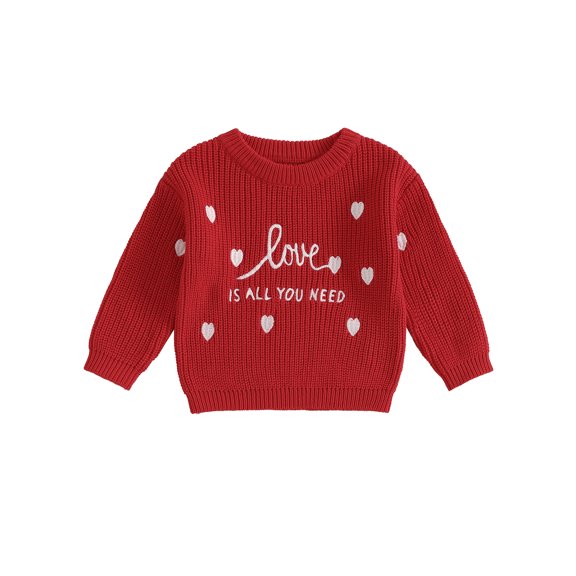 Kids Toddler Girls Sweater, 0 3 6 9 12 18 24 Months 2T 3T 4T Long Sleeve Crew Neck Embroidery Letters Heart Warm Winter Sweater Valentine’s Day Top