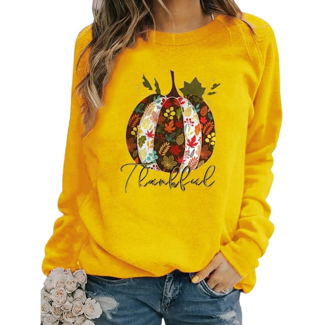 Innerwin L'action de Grâce Tops Citrouille Impression Femmes T-Shirt Parti Cou en Vrac Tee Jaune M