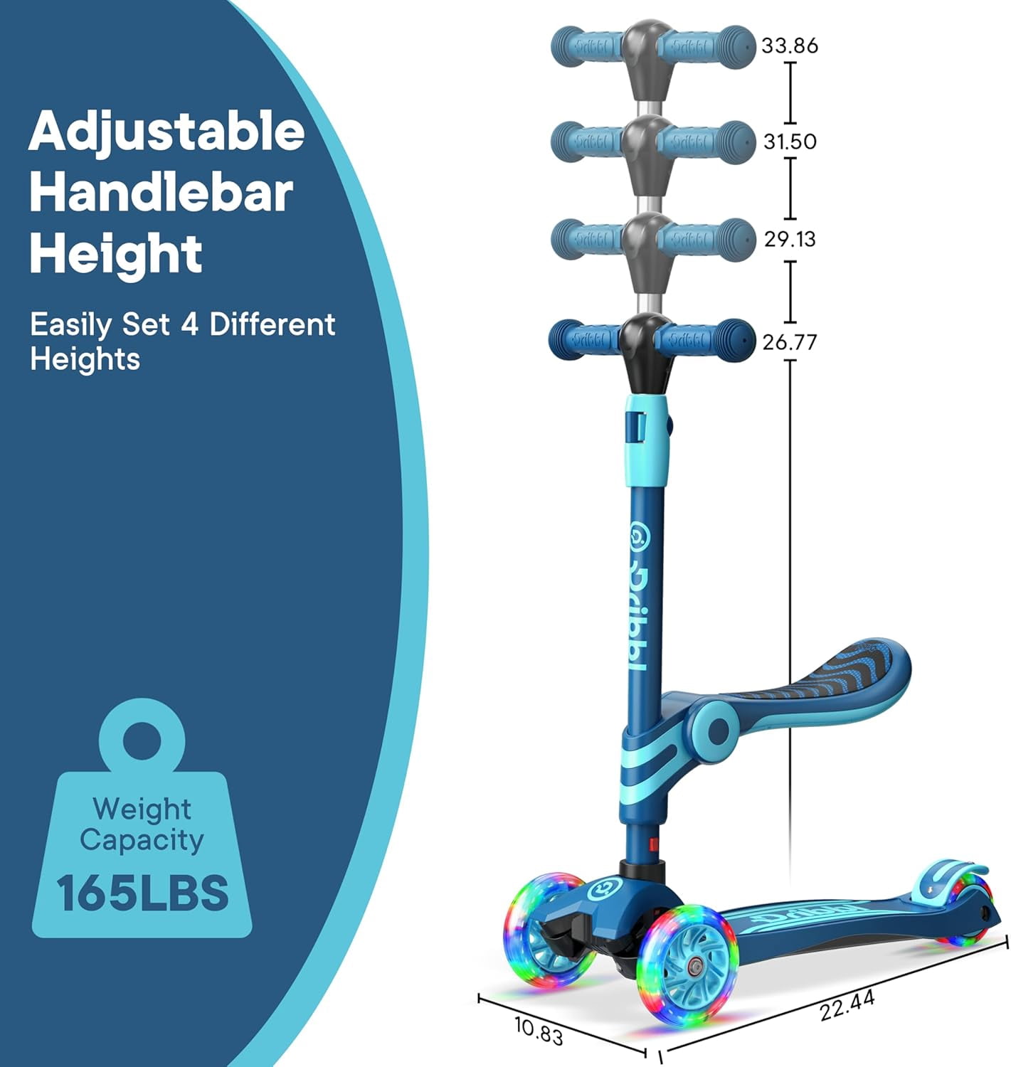 Dribbl 3-Wheel Kids Scooter with Seat, Light-Up Wheels, Adjustable Handlebar, Wide Deck & Rear Brake, Ages 2+