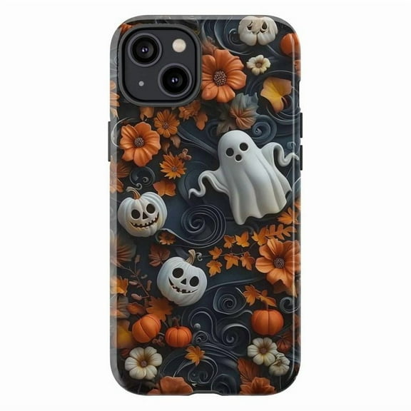 Halloween Ghost iPhone Case, Spooky Pumpkin & Autumn Flower Design Protective Cover, Cute Scary Aesthetic Phone Case for iPhone 16 15 14 13 12 11 Pro Max Plus Mini