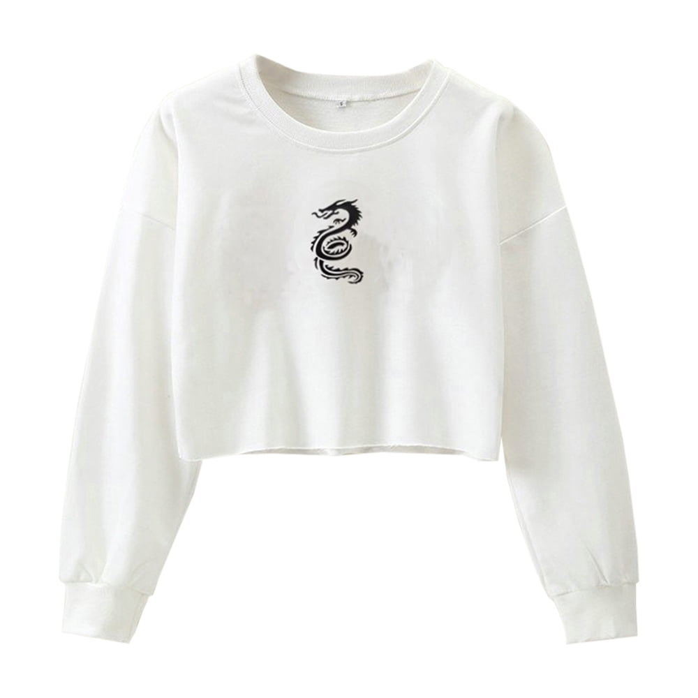 Women Dragon Print T-shirt Long Sleeve Loose Crop Tops Short Pullovers Gifts