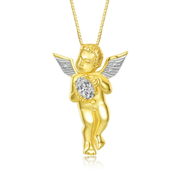 Rylos 14K Yellow Gold Guardian Angel Necklace with 6X4MM White Topaz & Sparkling Diamonds - 18" Chain Exquisite Birthstone Jewelry
