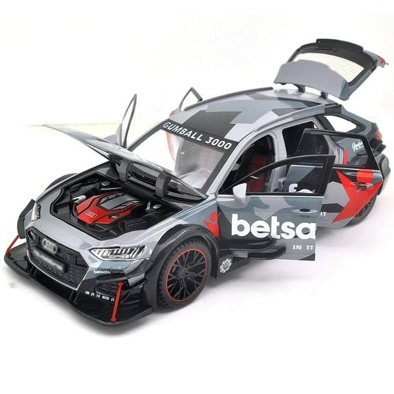 "1:24 scale Audi RS6 alloy die-cast car model with opening doors, lights, sound and spring-back function. Boys' toy car, children's birthday gift. "