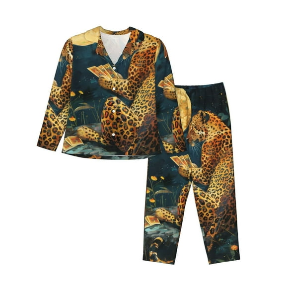 Disketp Leopard Reading Tarot Cards for Pajamas Set Long Sleeve Sleepwear Womens Button Down Nightwear Pj Sets-Medium