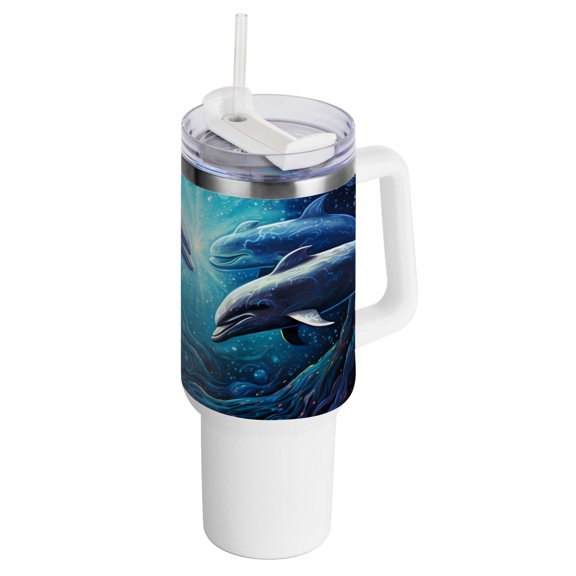 Dolphins Cave Sea 40 oz Tumbler with Handle Insulated Travel Mug Lid Straw Leak Proof Steel Vacuum Water Bottles Glasses Fits in Car Cup Holder