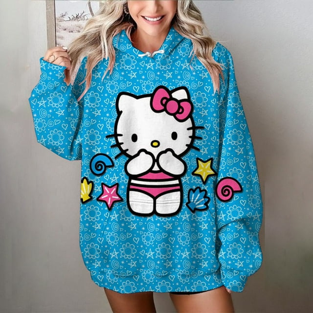 Automne Hiver Femmes Décontracté Mignon Hello Kitty Imprimé Manches Longues Chandail à Cordon Style Mignon Chandail à Capuche 2024