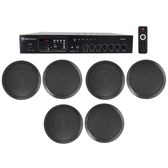 Rockville Commercial Amplifier (6) 8" 2-Way Black Ceiling Speakers 4 Restaurant