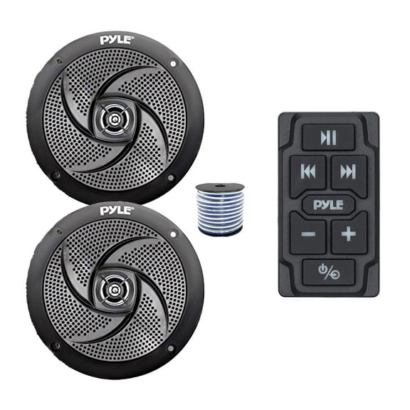 Pyle PLMRBTRK1 Marine Wireless Bluetooth Audio Controller, 2x 8'' 320 Watt Max Power Low Profile 2-Way Marine Speakers (Black) w/Wire for Car, Truck, Boat, PowerSport Vehicles