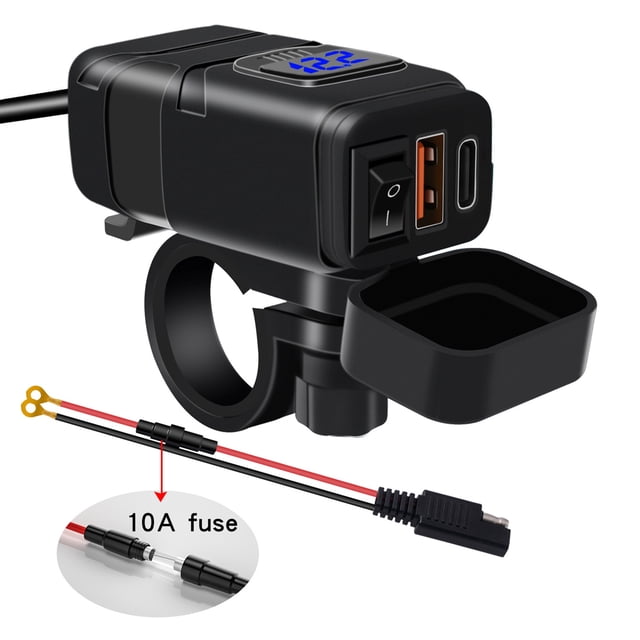 Motorcycle USB C , Dual Fast Charging, SAE Interface Quick Installation, 30W PD 18W QC 3.0 Ports, with Voltmeter ON Off Switch for Phone Tablet