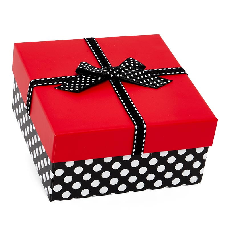 Red Top Polka Dot Box with Ribbon 6" X 6" X 2 1/4" Quantity 24 by