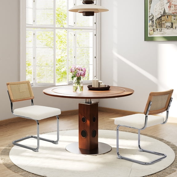 Skandiquip 2‑Pack Modern Dining Chairs, Rattan Cane Back Upholstered Side Chairs, Chrome Metal Legs Mid‑Century Kitchen & Dining Room Chairs, White