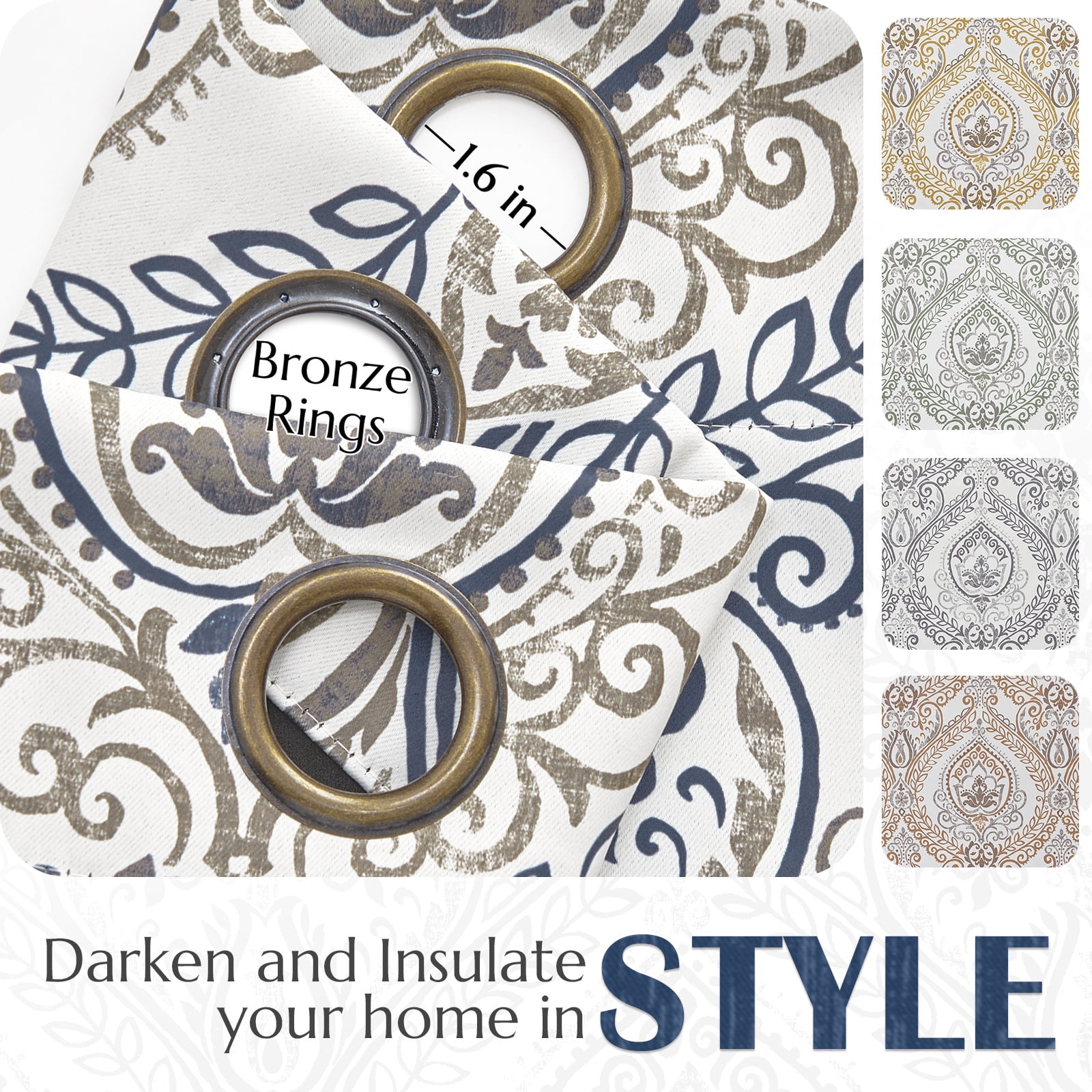 Curtainking 100% Blackout Curtains 63 in 2 Panels Blue Damask Medallion Window Curtains for Bedroom Grommet Thermal Insulated Drapes for Living Room Vintage Luxury Window Treatments Set