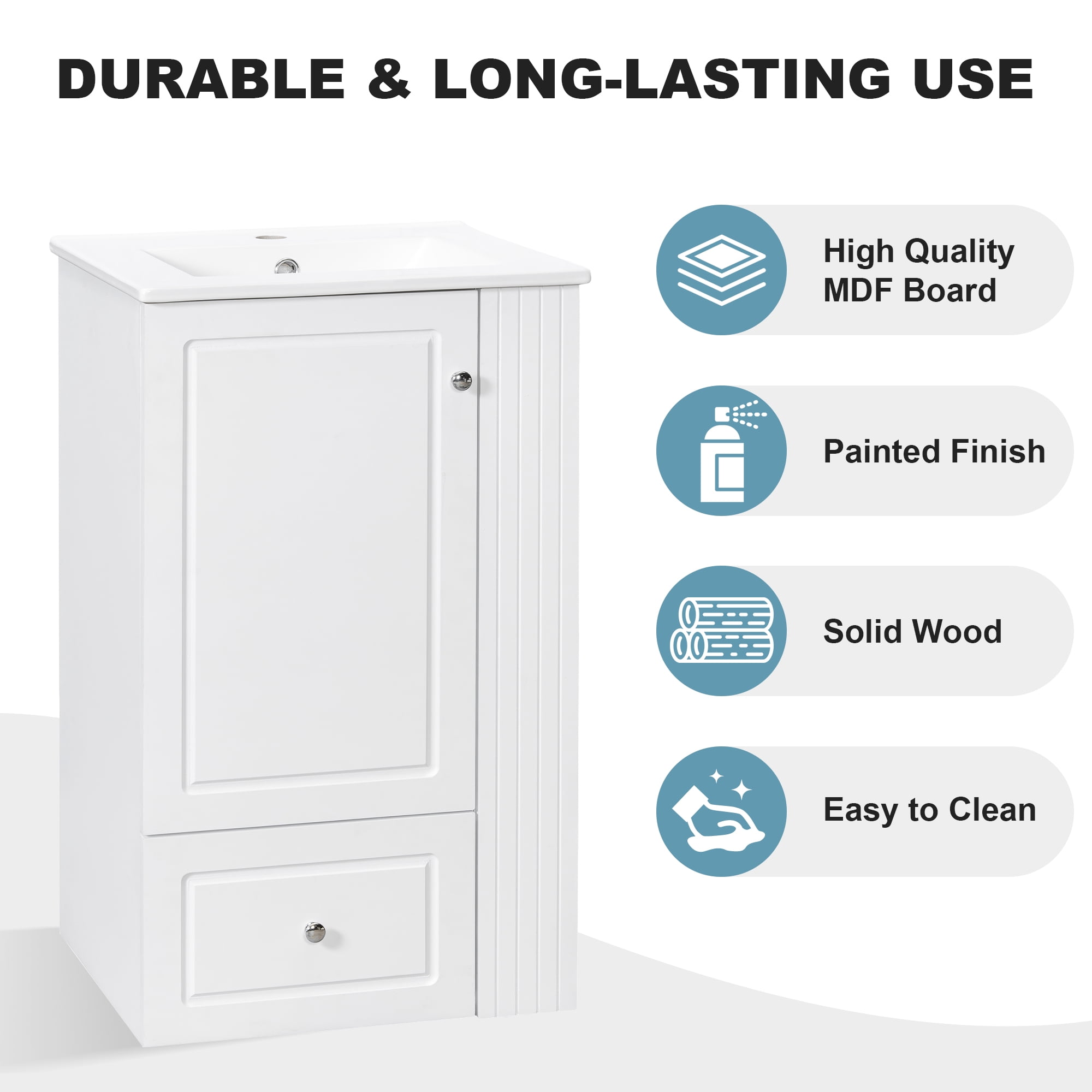 Euroco 20" Freestanding Bathroom Vanity with Ceramic Sink, Single Faucet Hole, MDF Storage Cabinet with Soft-Close Drawer, Open Side Shelves with Pinewood Towel Bar