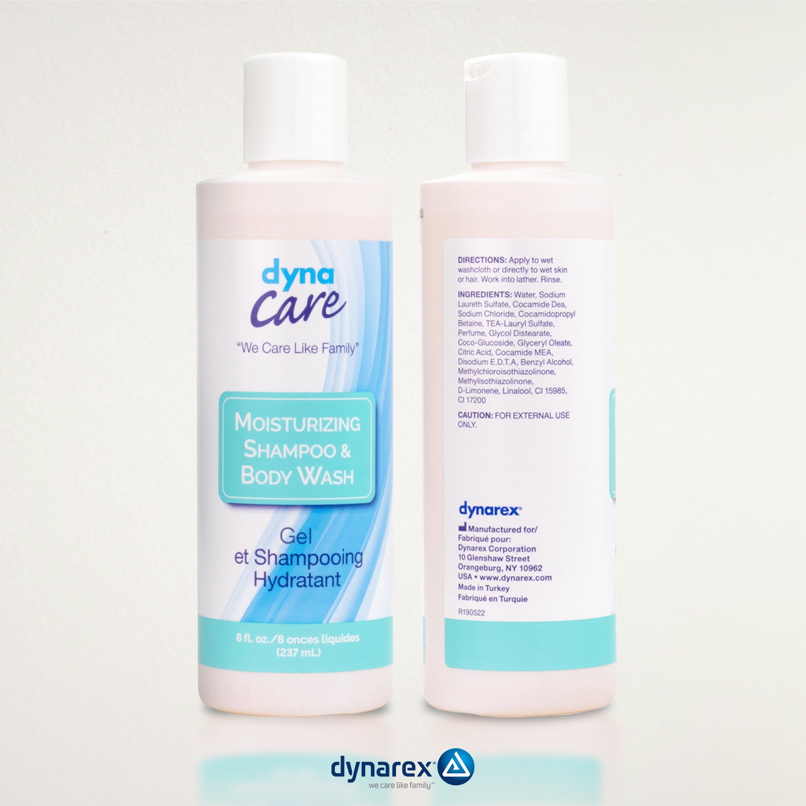 Dynarex Shampoo and Body Wash - Moisturizing All-in-One Cleanser for Skin & Hair - Mild Formula for Sensitive Skin - Tropical Scent - 8oz, 48 Bottles per Case