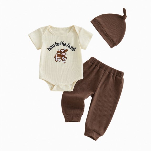 felwors New To The Crew Newborn Outfit Baby Boy Letter Embroidery Short Sleeve Bodysuit Top Pants Hat 3Pcs Summer Outfit (6-12 Months,Coffee)