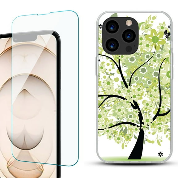 Slim-Fit Anti-Scratch Gel TPU Phone Case for iPhone 13 Pro, with Tempered Glass Screen Protector, by OneToughShield ® - Green Tree