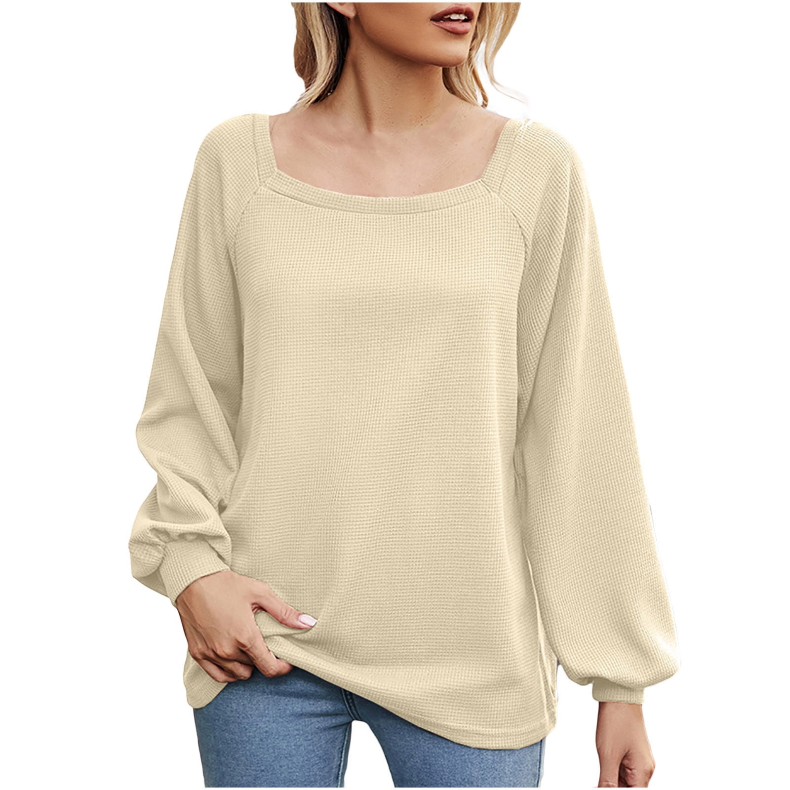 Oalirro Beige Womens Long Sleeve Tops Dressy Casual Fall Crew Neck
