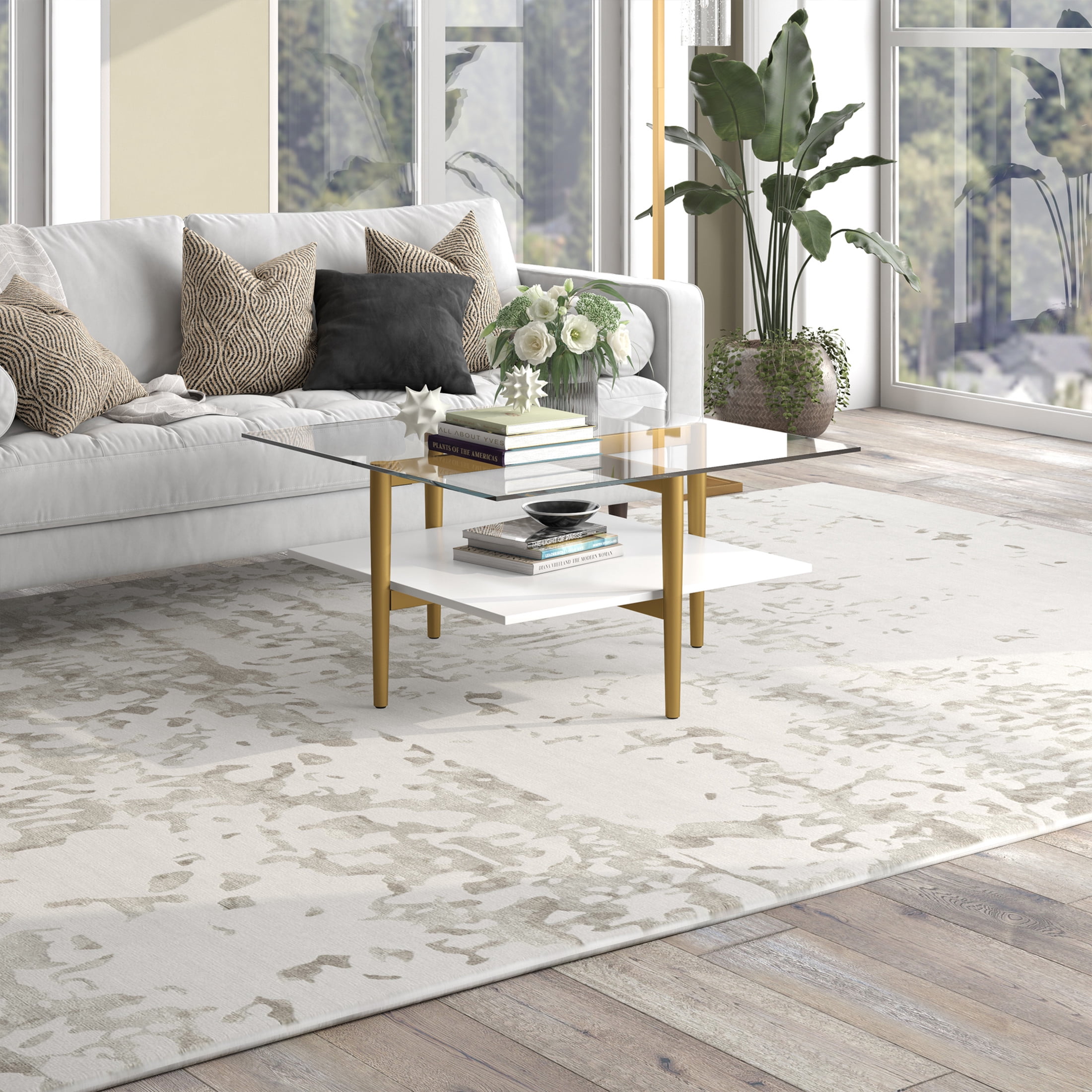 Evelyn&Zoe Otto 32" Wide Square Coffee Table with White Lacquer Shelf, Brass