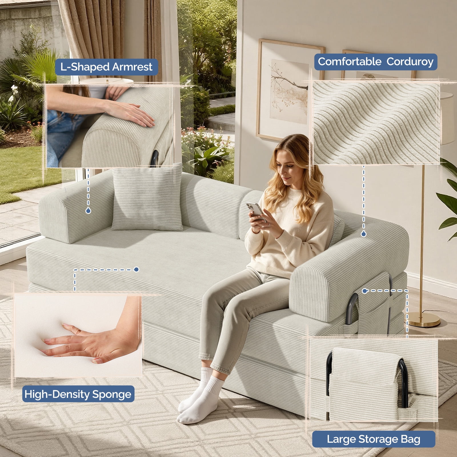 Daluvenix 4-in-1 Folding Convertible Sofa Bed 81 Inch Oversized Corduroy Upholstered Boneless Couch Loveseat Sleeper with Pull Out Bed Beige