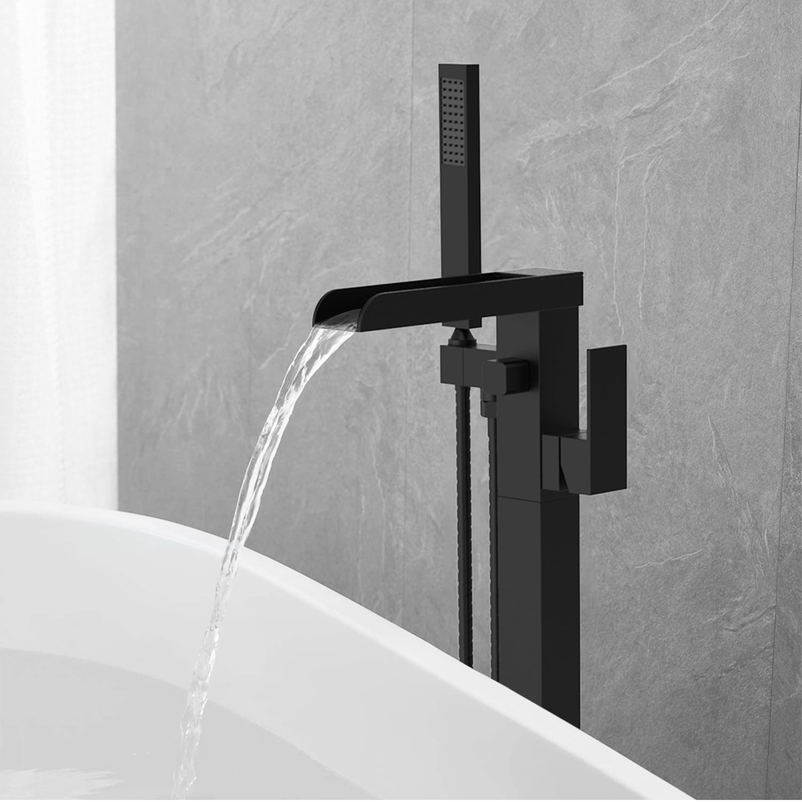 Cobbe Thermostatic Freestanding Bathtub Faucet Waterfall Tub Filler Black Floor Mount Brass Bathroom Faucets with Hand Shower