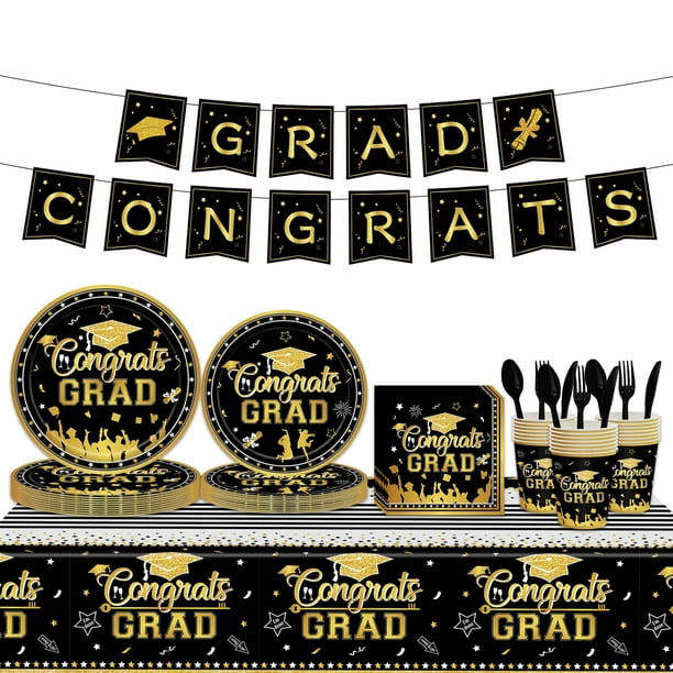 Juego de vajilla para fiesta de graduación 2024, platos, servilletas, vasos y mantel desechables en negro y dorado, pancarta de graduación para decorar la fiesta de graduación, para 24 personas.