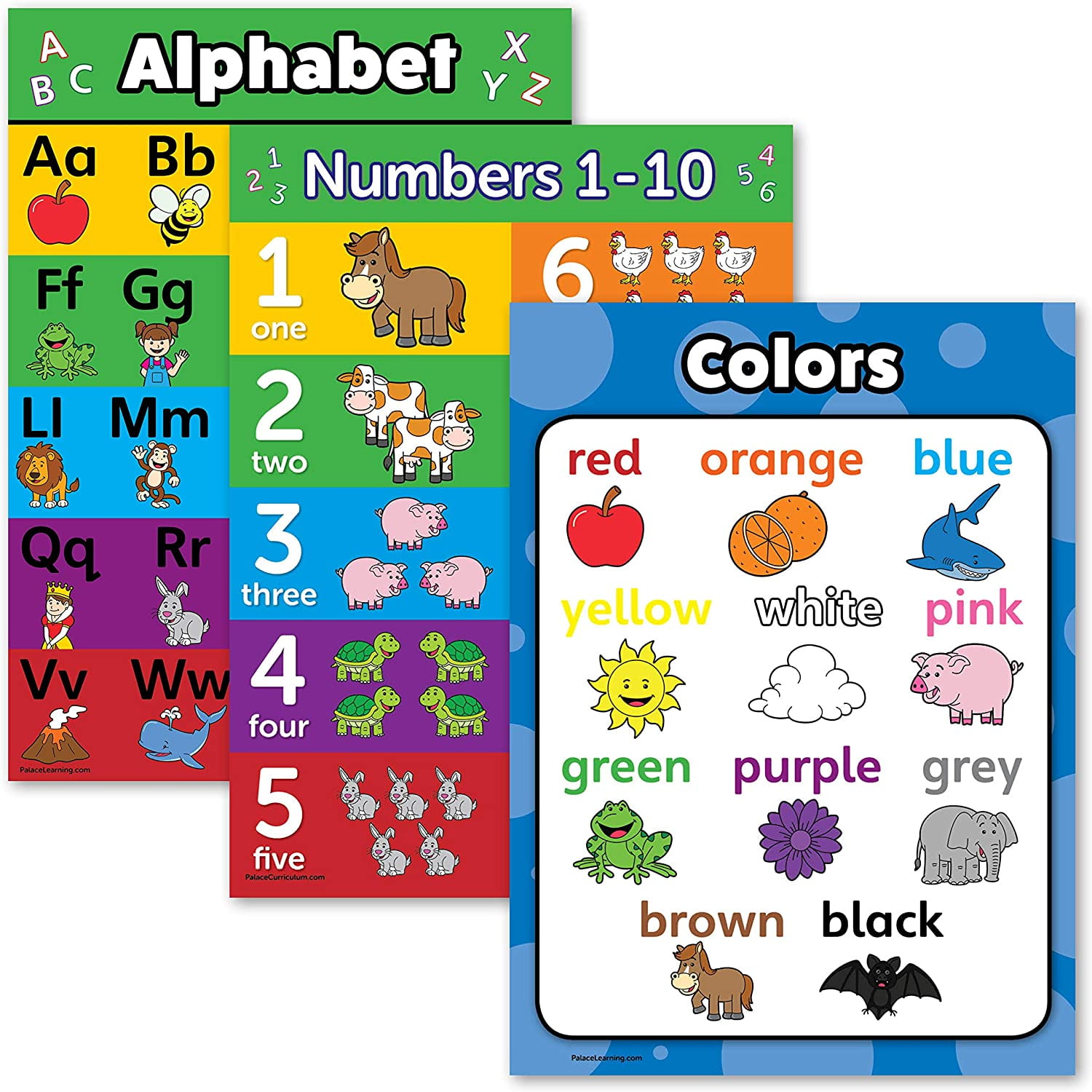 3 Pack - ABC Alphabet + Numbers 1-10 + Colors Poster Set - Toddler