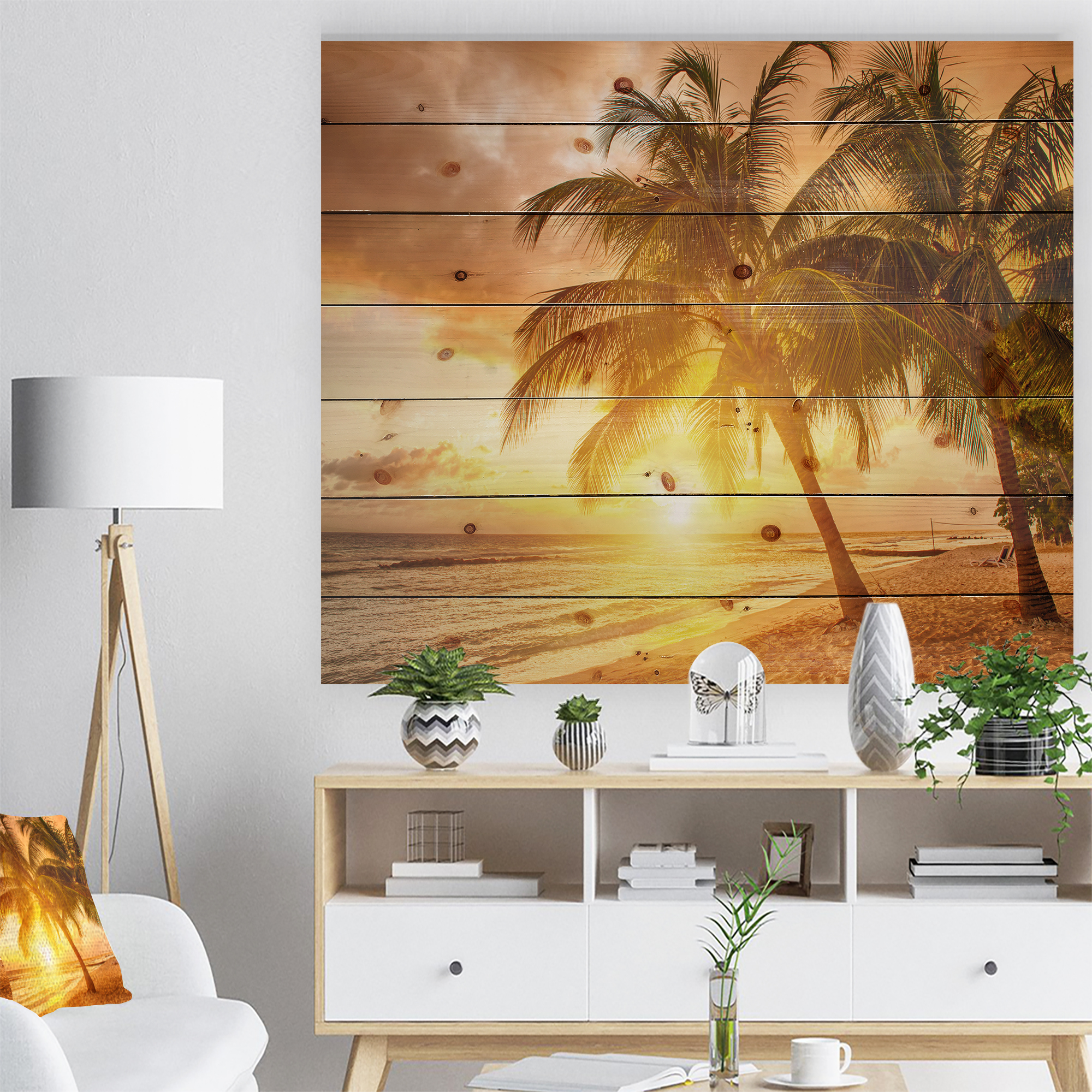 Designart 'Bright Sunset at Barbados Island' Modern Seascape Print on Natural Pine Wood