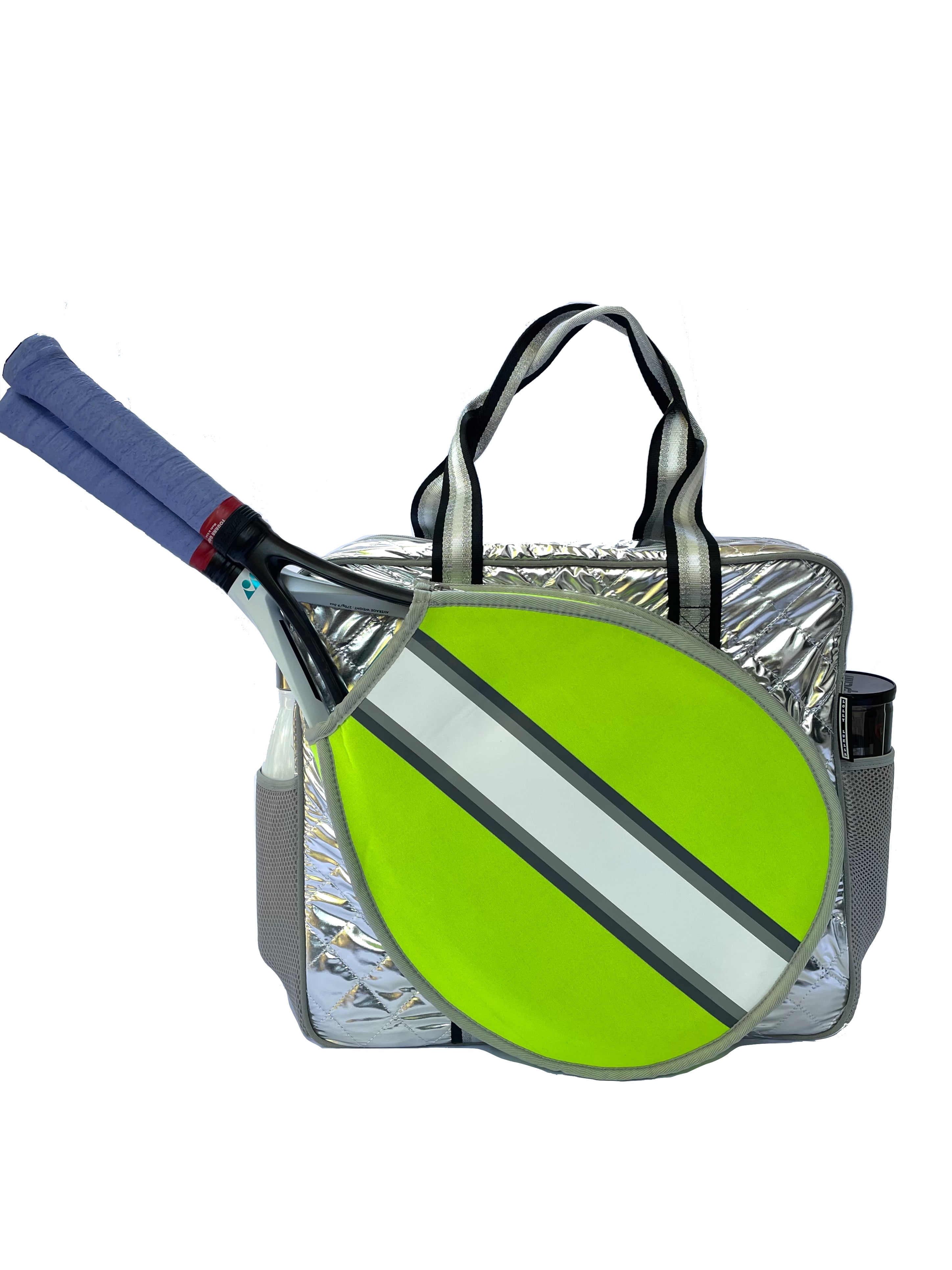 Neoprene Tennis Bags for Women Holds 2 Rackets for Tennis, Pickleball, Racquetball, Squash, Badminton Racquet Bag Teen, Girl Bright green and Silver Puffer