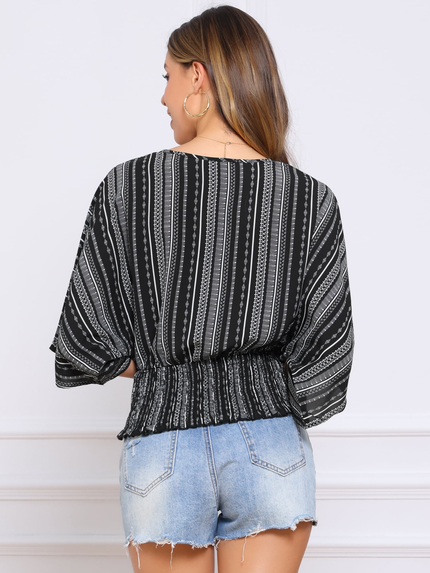 DARING DIVA Women's V Neck Chiffon Smocked Batwing Blouses M Black