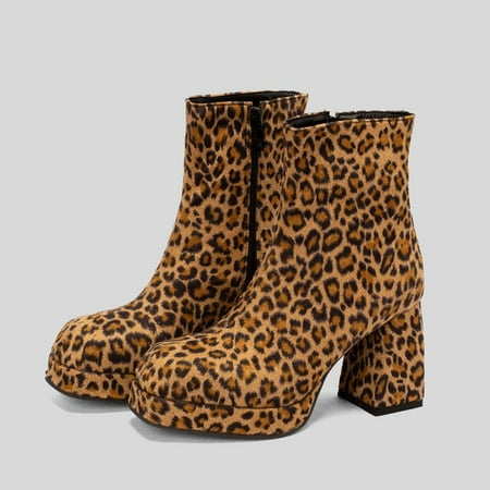 

Cathalem Woman Boots Women Autumn Fashion Women s Shoes Thick Sole Leopard Square Head High Heel Thick Heel Side Girls Boots Brown 8