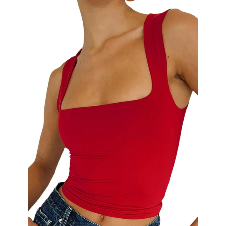 Womens Sling Tank Square Neck Solid Sleeveless Wide Straps Strap Camisole  Cami Crop Top