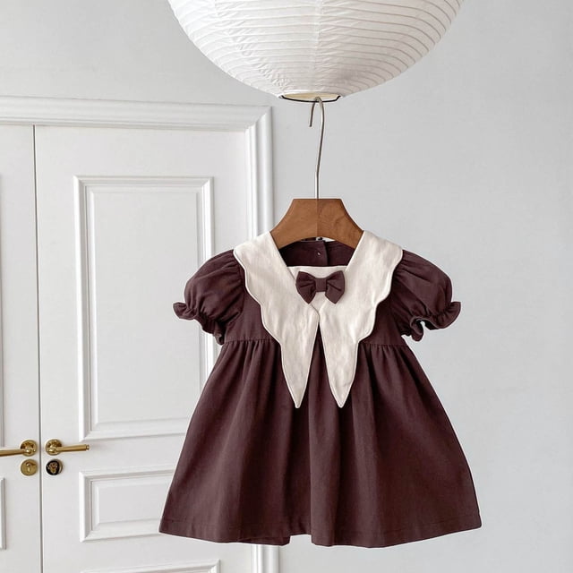 LOVZFMLL Girls' College Style Princess Loose Bow Short Sleeved Round Neck Knee Length Dress