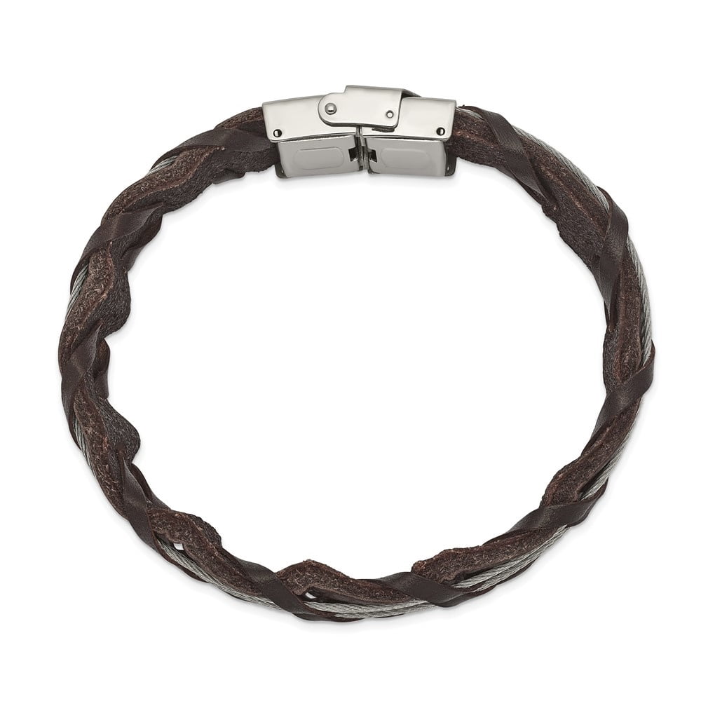Diamond2Deal Stainless Steel Polished Cable and Brown Leather Bracelet for Men 8.5"