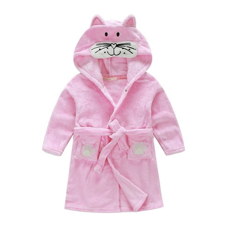 

Kids Cartoon Hooded Plush Robe Animal Pajamas Fleece Bathrobe Children Sleepwear（Kitten Bathrobe 90)
