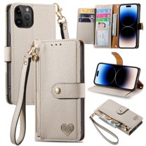 For iPhone 15 Pro Max Leather Phone Case Wallet Zipper Pocket Pouch Folio Flip Cover Kickstand, Multi Anti-theft Card Holder Cash Slot, Double Magnetic Buckle, Wrist Lanyard,Gray