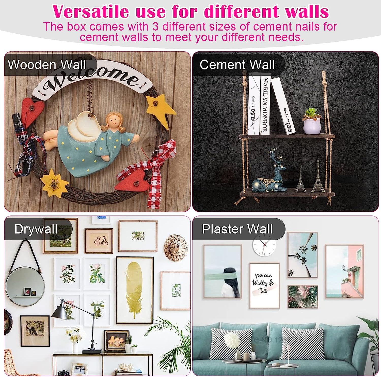 TOYIEW Picture Hanging Kit for Woman, 315pcs Hanging Hardware with Hooks, Wire, Nails, D-Ring, Wall Hanging Kit with Hangers, Magnetic Level and Small Pink Claw Hammer, DIY Tool Set for Home Decor