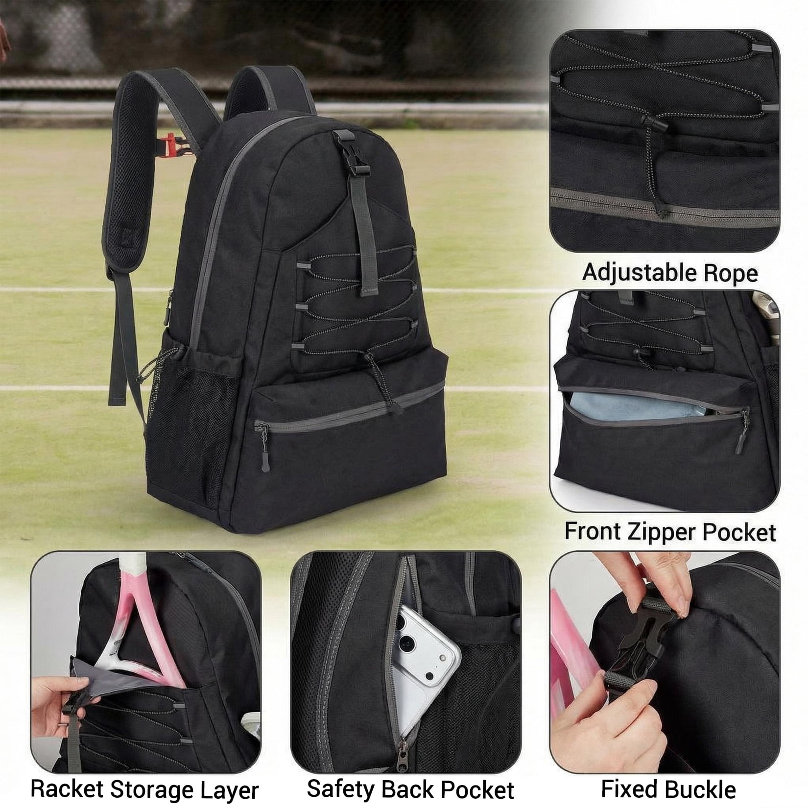 Ataucjin Tennis Backpack for Men Women, 2 Racket Pickleball Bag with Separate Shoe Compartment, Large Tennis Racket Bag for Racquet Sport Equipment