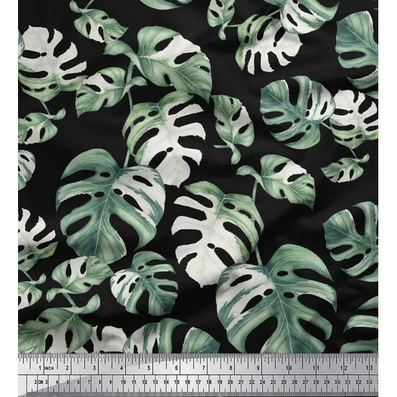 Soimoi Black Rayon Fabric Monstera Leaves Printed Fabric 1 Yard 42 Inch Wide
