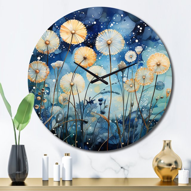 Designart "Blue Dandelion landscape Pointillism Dot II" Landscapes Oversized Wall Clock