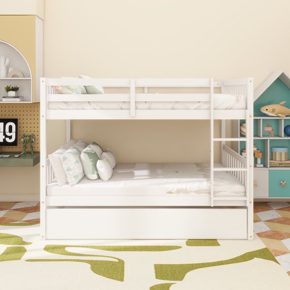 Full Over Full Rubber Wood Bunk Bed with Trundle, Ladder and Guardrails, Convertible to 2 Full Size Beds, with Twin Size Trundle,White